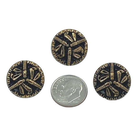 12 Items Buttons Dragonfly Black Vintage Glass Mold Gold Finish - Picture 1 of 2